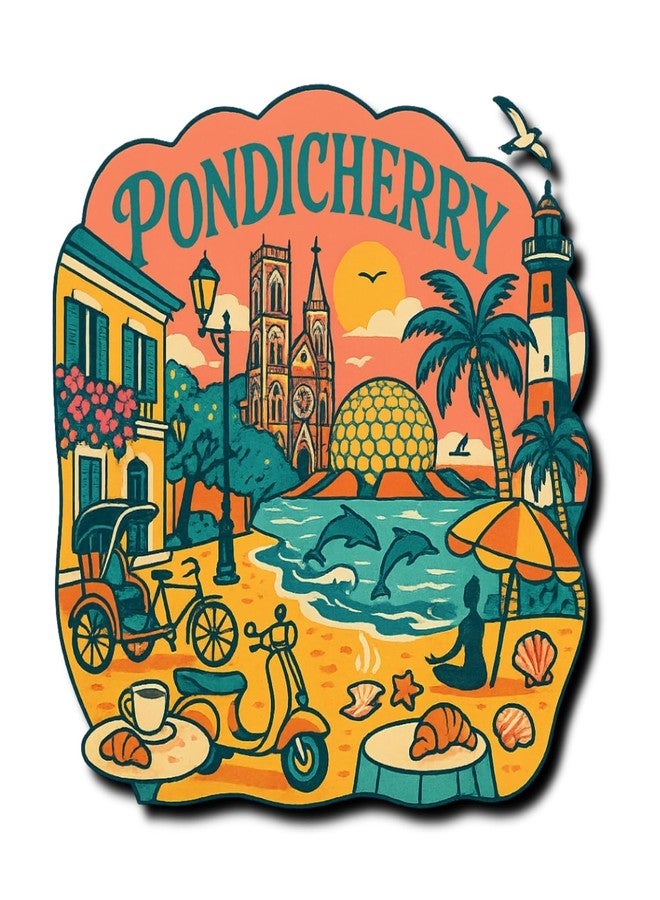 COMONOT Pondicherry Design Decorative Wooden Fridge Magnet, HD Print, 7.6x7.6 cm, Pondicherry City Souvenir | Fridge Decoration Magnet for Kitchen & Home Decor | Stylish Fridge Magnet - Image 1