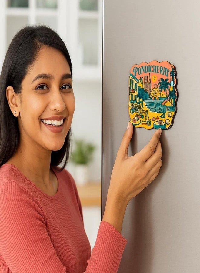 COMONOT Pondicherry Design Decorative Wooden Fridge Magnet, HD Print, 7.6x7.6 cm, Pondicherry City Souvenir | Fridge Decoration Magnet for Kitchen & Home Decor | Stylish Fridge Magnet - Image 4