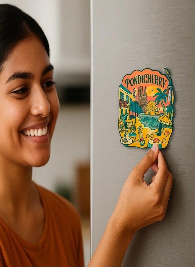 COMONOT Pondicherry Design Decorative Wooden Fridge Magnet, HD Print, 7.6x7.6 cm, Pondicherry City Souvenir | Fridge Decoration Magnet for Kitchen & Home Decor | Stylish Fridge Magnet - Image 5
