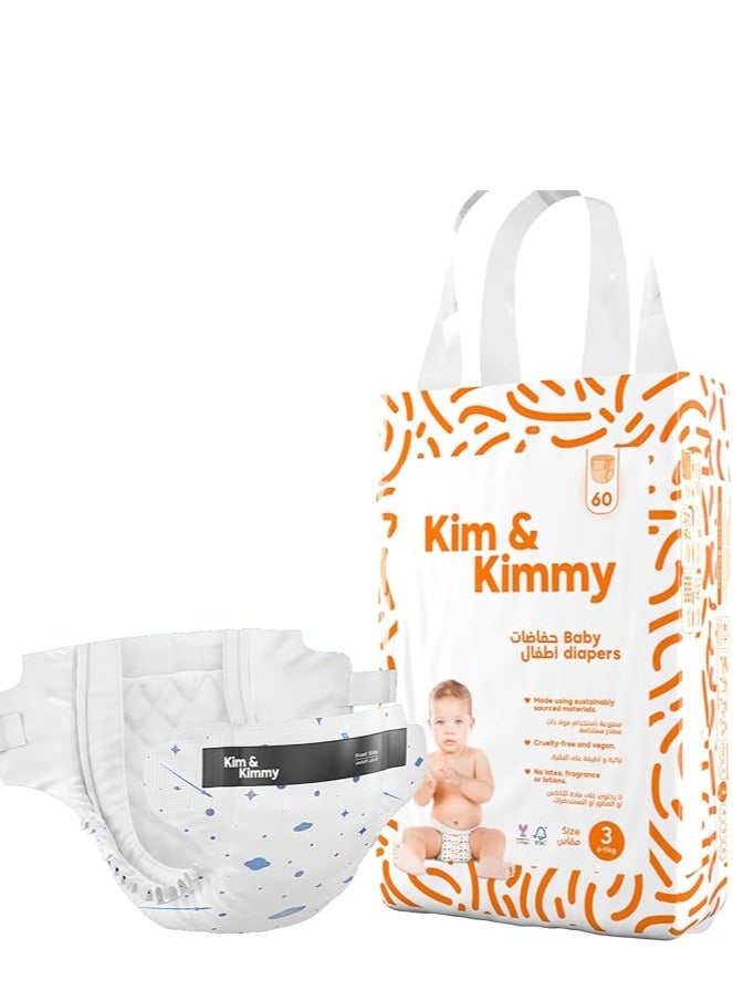 Kim & Kimmy Eco Diapers, Size 3, 6-11 kg, 60 Diapers - 12 Hour Leak Protection, No Rashes, Hypoallergenic, Ultra-Soft & Highly Absorbent - Cruelty Free & Vegan Assorted Print  - Image 1