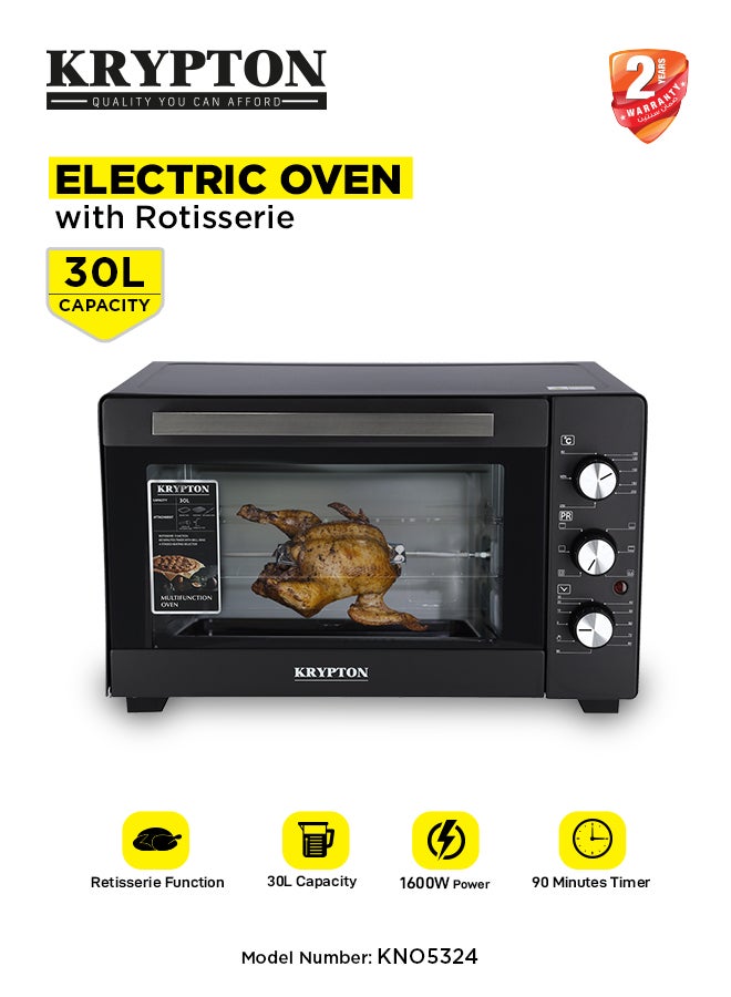 KRYPTON Electric  Oven With Rotisserie , Grill Function And Power Indicator Light , Auto Shut Off with Signal Bell & Inside Lamp , Multiple Control Knobs, Heat-resistant Tempered Glass and Stainless Steel Heating Elements 30 L 1600 W KNO5324 Black - Image 1