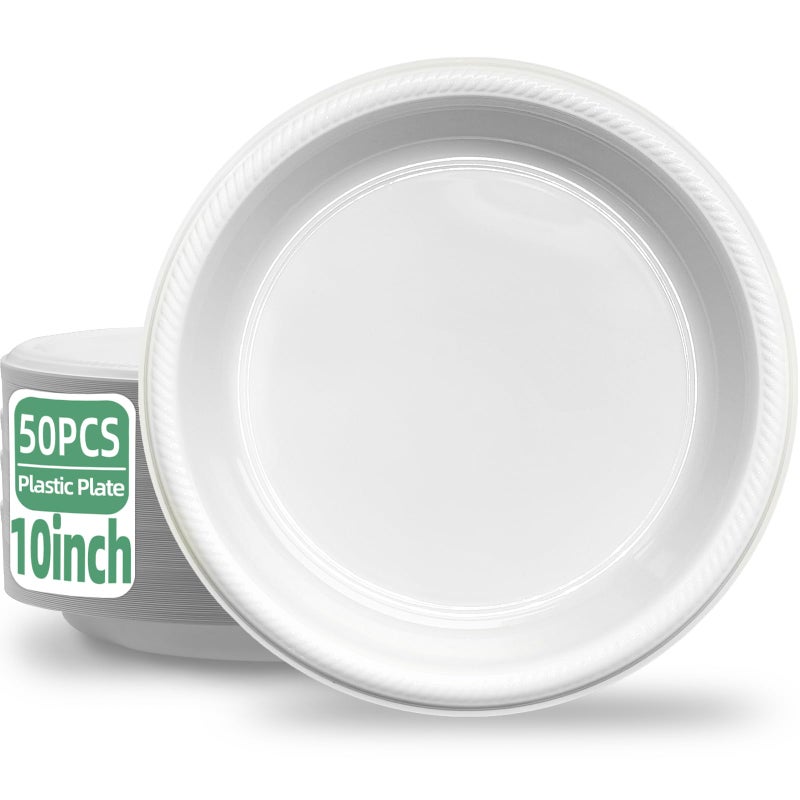 BONSINY 50 pcs White Plastic Plates Disposable 10 inch - White Disposable Plates Plastic Plates for Party Birthday Picnic Graduation Party Memorial Day - Image 1
