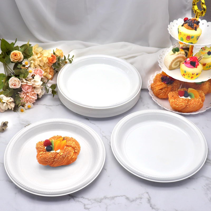 BONSINY 50 pcs White Plastic Plates Disposable 10 inch - White Disposable Plates Plastic Plates for Party Birthday Picnic Graduation Party Memorial Day - Image 5