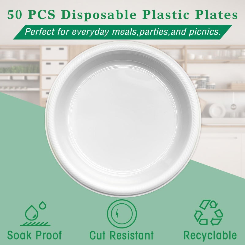 BONSINY 50 pcs White Plastic Plates Disposable 10 inch - White Disposable Plates Plastic Plates for Party Birthday Picnic Graduation Party Memorial Day - Image 2