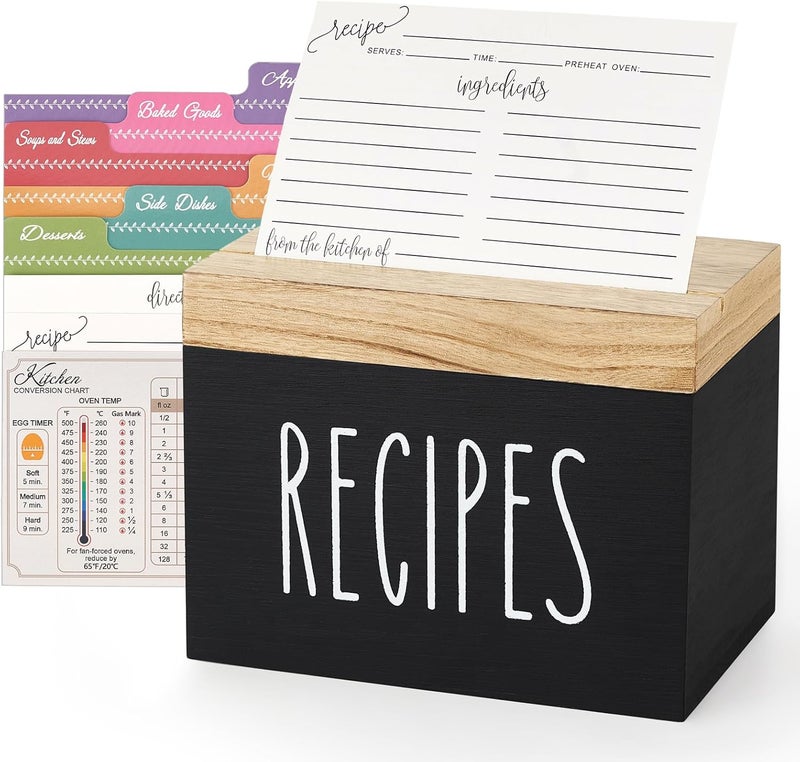 Dahey Wooden Recipe Box Black Recipe Organizer with 100 Recipe Cards and 6 Dividers, Recipe Card Holder Box Set with Brown Lid and Slots to Write in Your Own Recipes for Cooking Lover Kitchen - Image 1