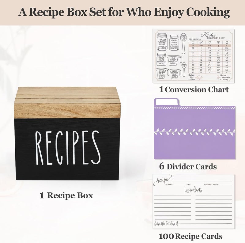 Dahey Wooden Recipe Box Black Recipe Organizer with 100 Recipe Cards and 6 Dividers, Recipe Card Holder Box Set with Brown Lid and Slots to Write in Your Own Recipes for Cooking Lover Kitchen - Image 4