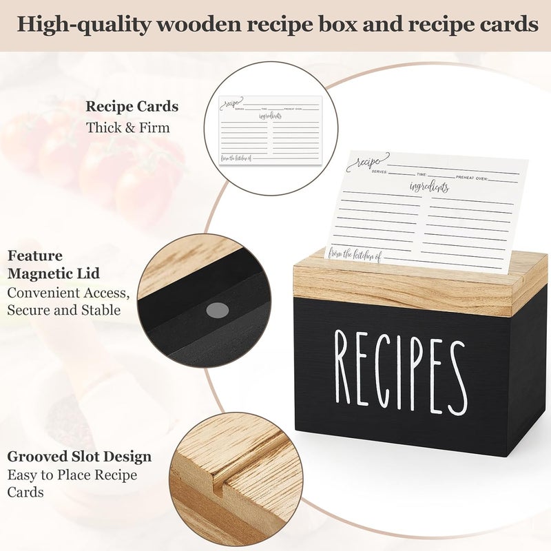 Dahey Wooden Recipe Box Black Recipe Organizer with 100 Recipe Cards and 6 Dividers, Recipe Card Holder Box Set with Brown Lid and Slots to Write in Your Own Recipes for Cooking Lover Kitchen - Image 3