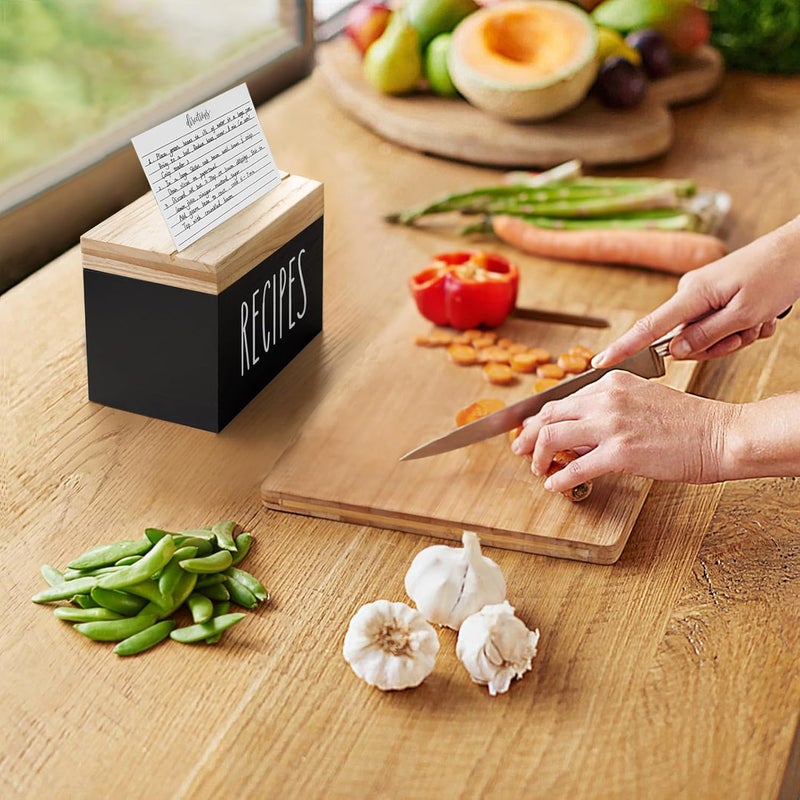 Dahey Wooden Recipe Box Black Recipe Organizer with 100 Recipe Cards and 6 Dividers, Recipe Card Holder Box Set with Brown Lid and Slots to Write in Your Own Recipes for Cooking Lover Kitchen - Image 2