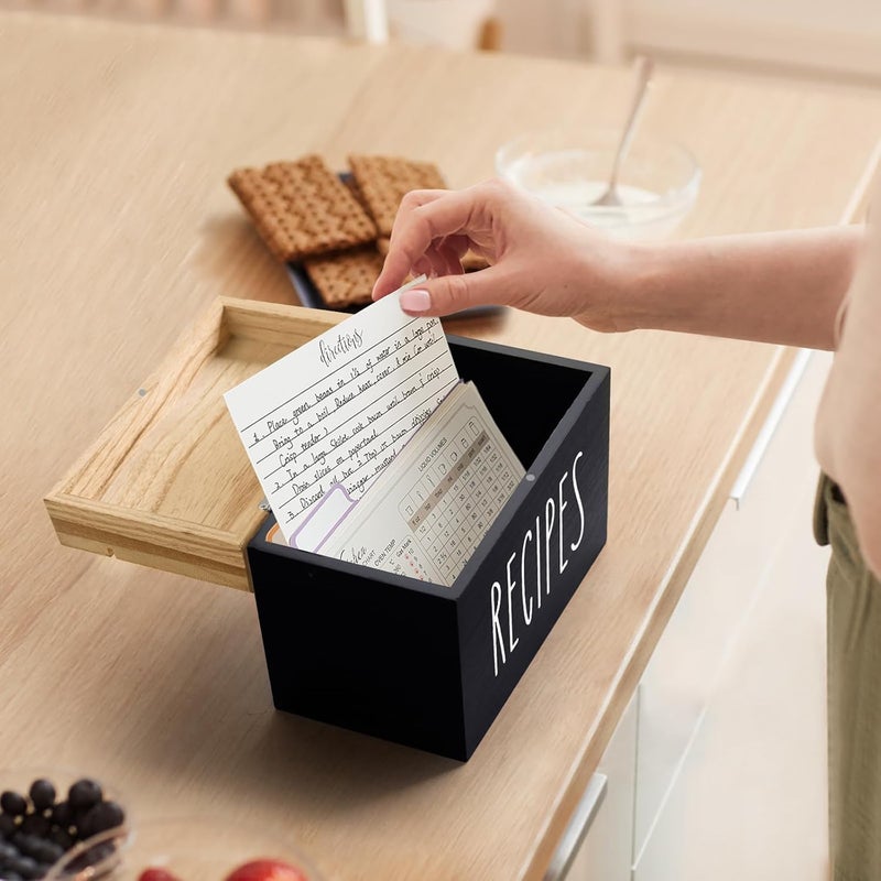 Dahey Wooden Recipe Box Black Recipe Organizer with 100 Recipe Cards and 6 Dividers, Recipe Card Holder Box Set with Brown Lid and Slots to Write in Your Own Recipes for Cooking Lover Kitchen - Image 5