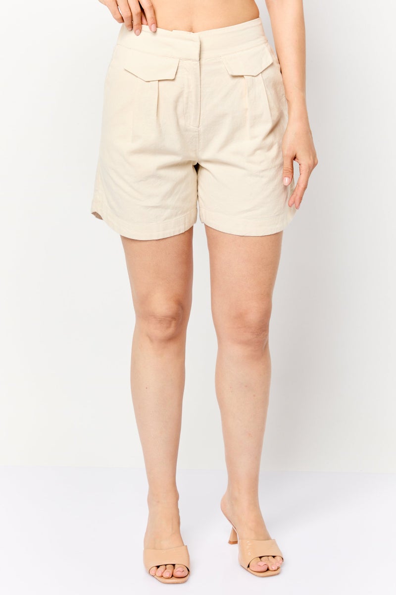 SELECTED FEMME Women Solid Basic Shorts, Beige - Image 1