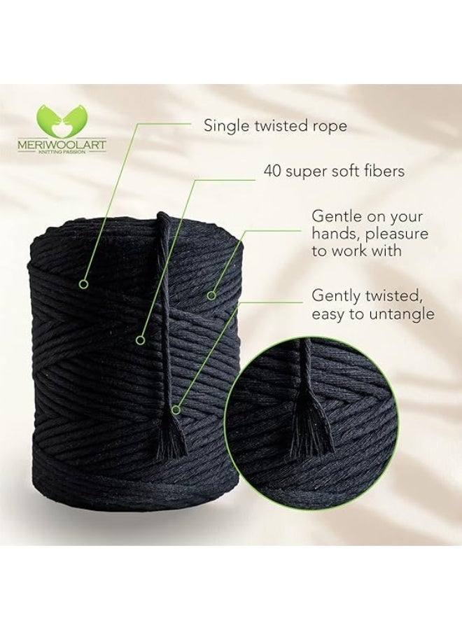 بكرة خيط غزل مكرمية من ميري وول ارت®، خيط ملون بسمك 4 ملم وطول 225 متر، خيط ملتوي بسيط من القطن فائق النعومة لتعليق المكرمية على السلال والستائر وعدة أعمال فنية لتزيين الحائط، يمكنك صنعها بنفسك، أسود - Image 2