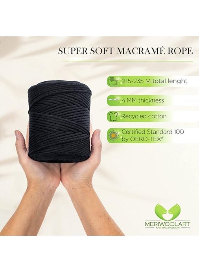 بكرة خيط غزل مكرمية من ميري وول ارت®، خيط ملون بسمك 4 ملم وطول 225 متر، خيط ملتوي بسيط من القطن فائق النعومة لتعليق المكرمية على السلال والستائر وعدة أعمال فنية لتزيين الحائط، يمكنك صنعها بنفسك، أسود - Image 3