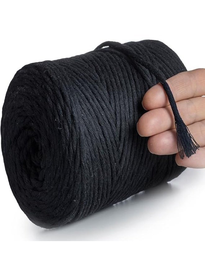 بكرة خيط غزل مكرمية من ميري وول ارت®، خيط ملون بسمك 4 ملم وطول 225 متر، خيط ملتوي بسيط من القطن فائق النعومة لتعليق المكرمية على السلال والستائر وعدة أعمال فنية لتزيين الحائط، يمكنك صنعها بنفسك، أسود - Image 1