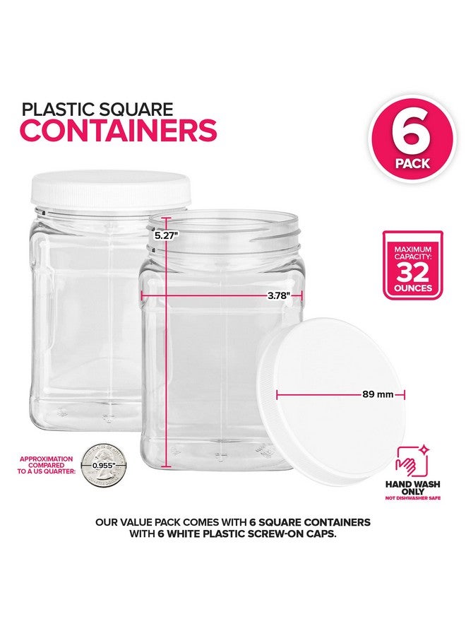 Stock Your Home Stock Your Home Plastic Storage Jars (6 Pack) - 32 Oz Square Plastic Canisters with Lids - Shatterproof Plastic Storage Jars with Lids - Reusable Wide Mouth Clear Plastic Containers with Lids - Image 2