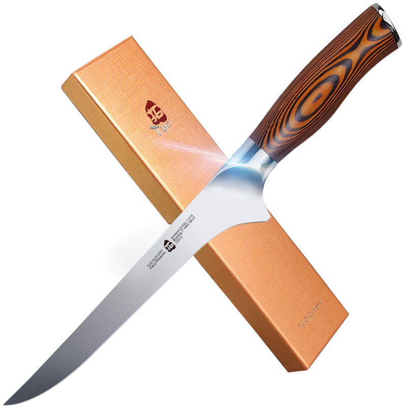 TUO Boning Knife 7 inch Sharp Fillet Knife with Woodgrain Pakkawood Handle High Carbon Steel Kitchen Cutlery Luxurious Gift Box Included  Fiery Phoenix Series
