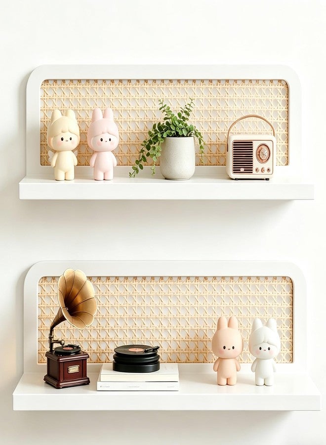 WHEARTED 16.34 Inch Rattan Shelf Set of 2, Cute Nursery Shelves, Natural Hanging Bookshelf Storage, Boho Decorative Floating Shelves, Wall Mounted Storage Shelves for Living Room Nursery Bedroom - Image 1