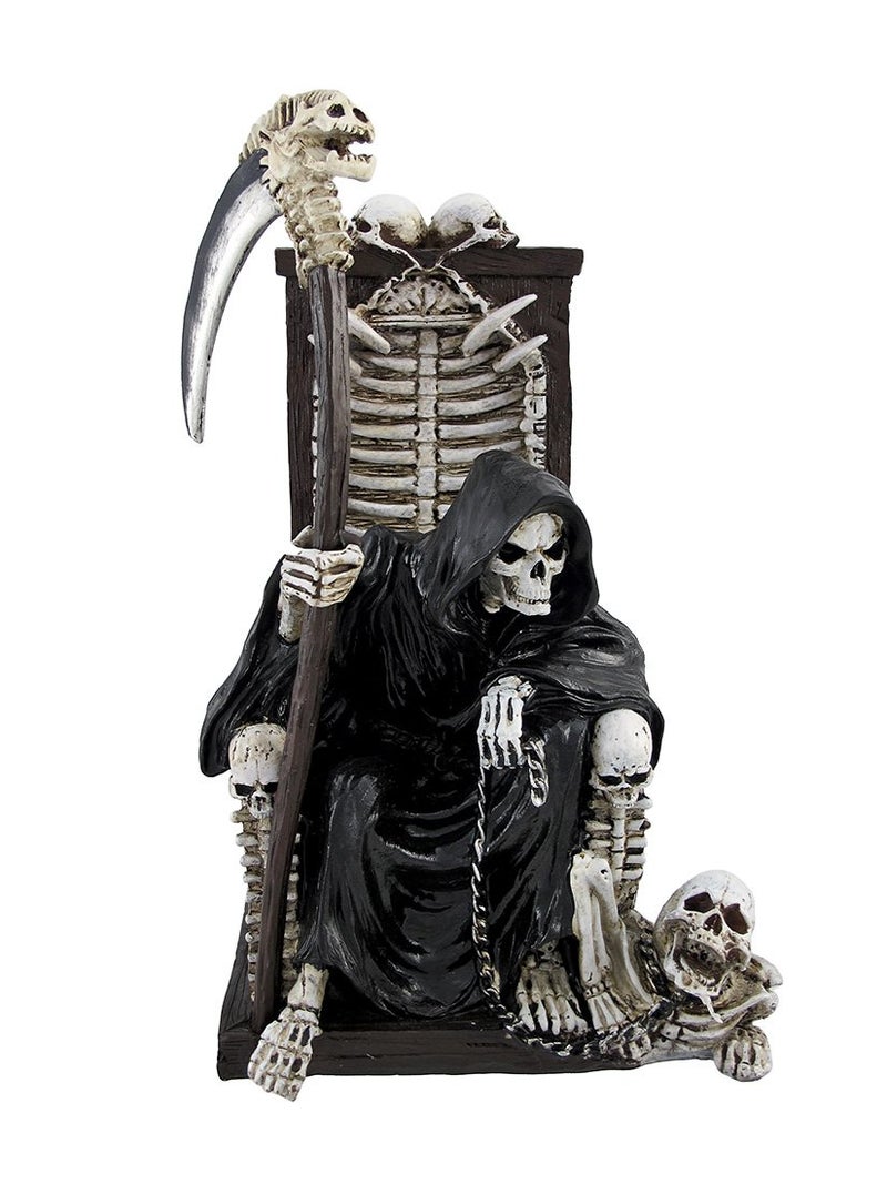 DWK  Dark Master  Grim Reaper Skeleton on Throne with Pet and Scythe Collectible Gothic Fantasy Figurine Statue Halloween Death Sculpture Home Dcor Accent 10inch