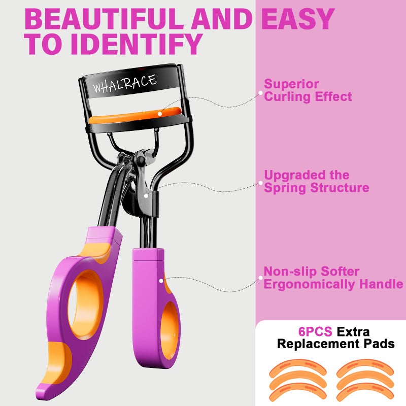 Whalrace Eyelash Curlers with 6PCS Extra Replacement Pads, Premium Quality Eye Lash Curler, Superior Curling Effect, Easy to Hold and Use, Valentine's Day Gift for Her - Orange Purple Handle - Image 2