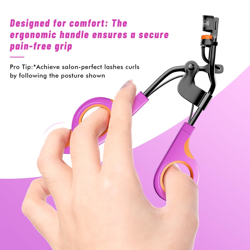 Whalrace Eyelash Curlers with 6PCS Extra Replacement Pads, Premium Quality Eye Lash Curler, Superior Curling Effect, Easy to Hold and Use, Valentine's Day Gift for Her - Orange Purple Handle - Image 3