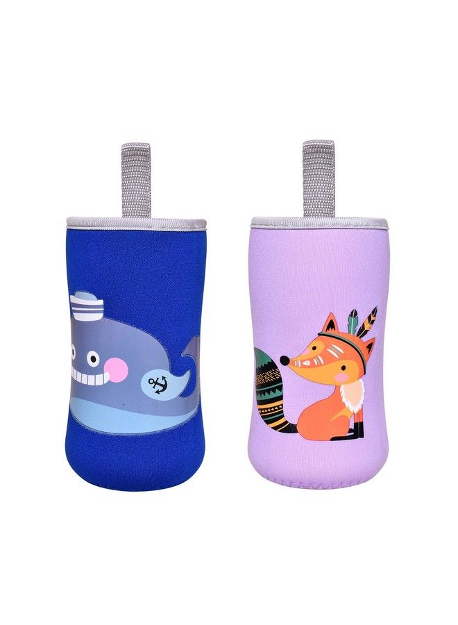 The Little Lookers Cute Animated Patterned Soft Stretchable Baby Feeding Bottle Cover With Easy To Hold Strap For 120Ml 150Ml 240Ml (Fish & Fox Pack Of 2)