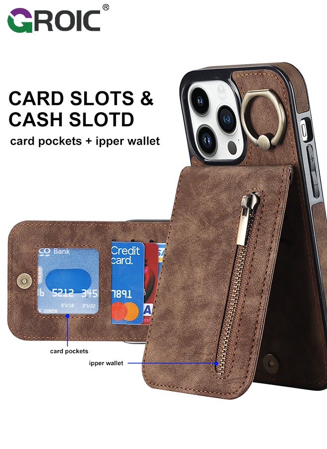 GROIC For iPhone 15 Pro Max 6.7 Inch Case Flip Wallet Case with 5 Cards Holder and Zipper Purse, PU Leather Magnetic Buttons Ring Stand with Card Holder [RFID Blocking] Flip Shell for iPhone 15 Pro Max  - Image 4