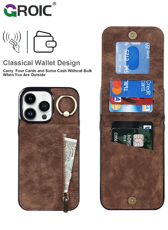 GROIC For iPhone 15 Pro Max 6.7 Inch Case Flip Wallet Case with 5 Cards Holder and Zipper Purse, PU Leather Magnetic Buttons Ring Stand with Card Holder [RFID Blocking] Flip Shell for iPhone 15 Pro Max  - Image 3