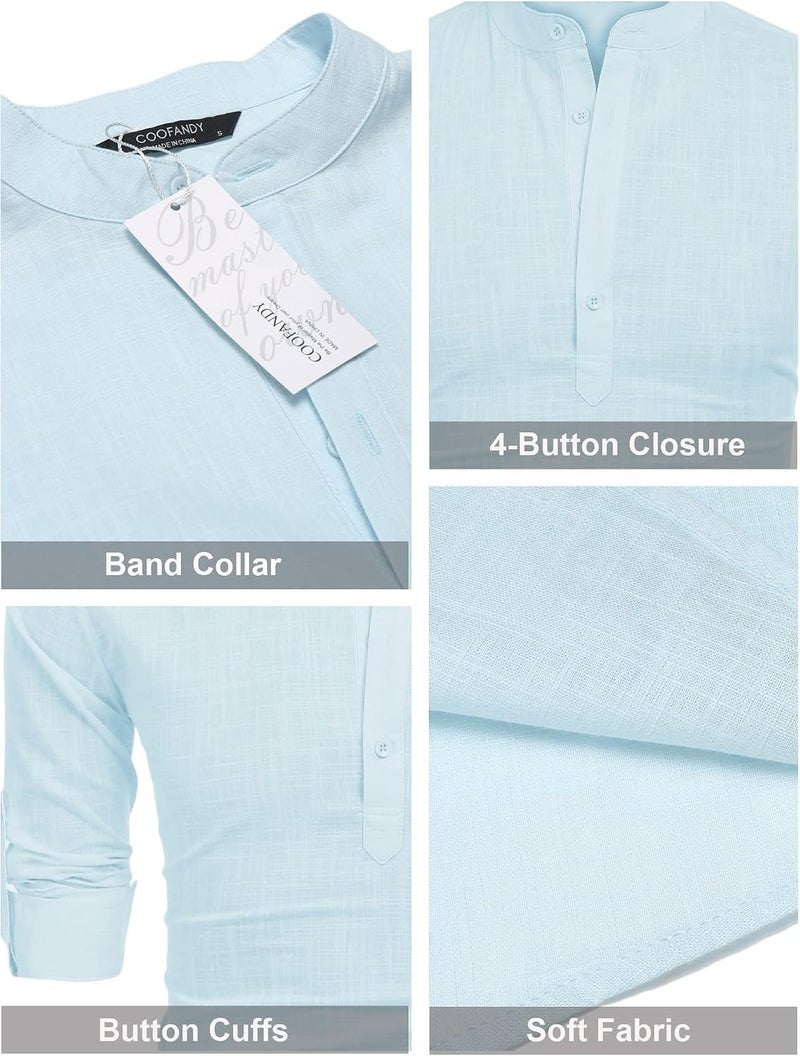 COOFANDY Men's Cotton Linen Henley Shirt Long Sleeve Casual Beach T-Shirt - Sky Blue - Image 5