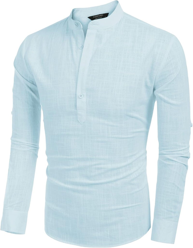 COOFANDY Men's Cotton Linen Henley Shirt Long Sleeve Casual Beach T-Shirt - Sky Blue - Image 4