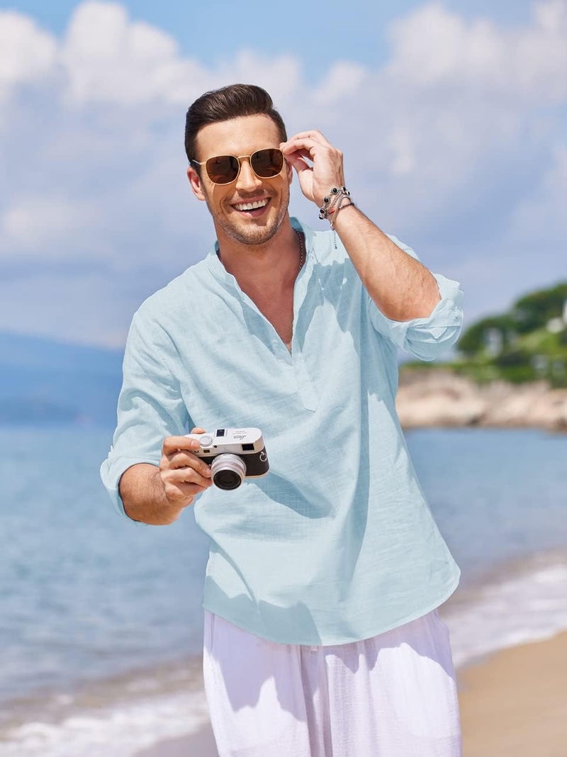 COOFANDY Men's Cotton Linen Henley Shirt Long Sleeve Casual Beach T-Shirt - Sky Blue - Image 3