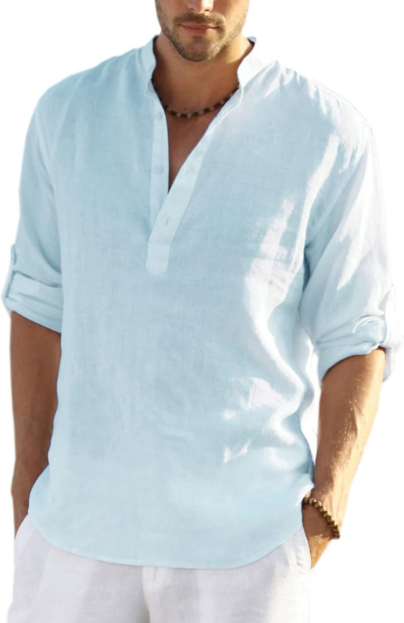 COOFANDY Men's Cotton Linen Henley Shirt Long Sleeve Casual Beach T-Shirt - Sky Blue - Image 1