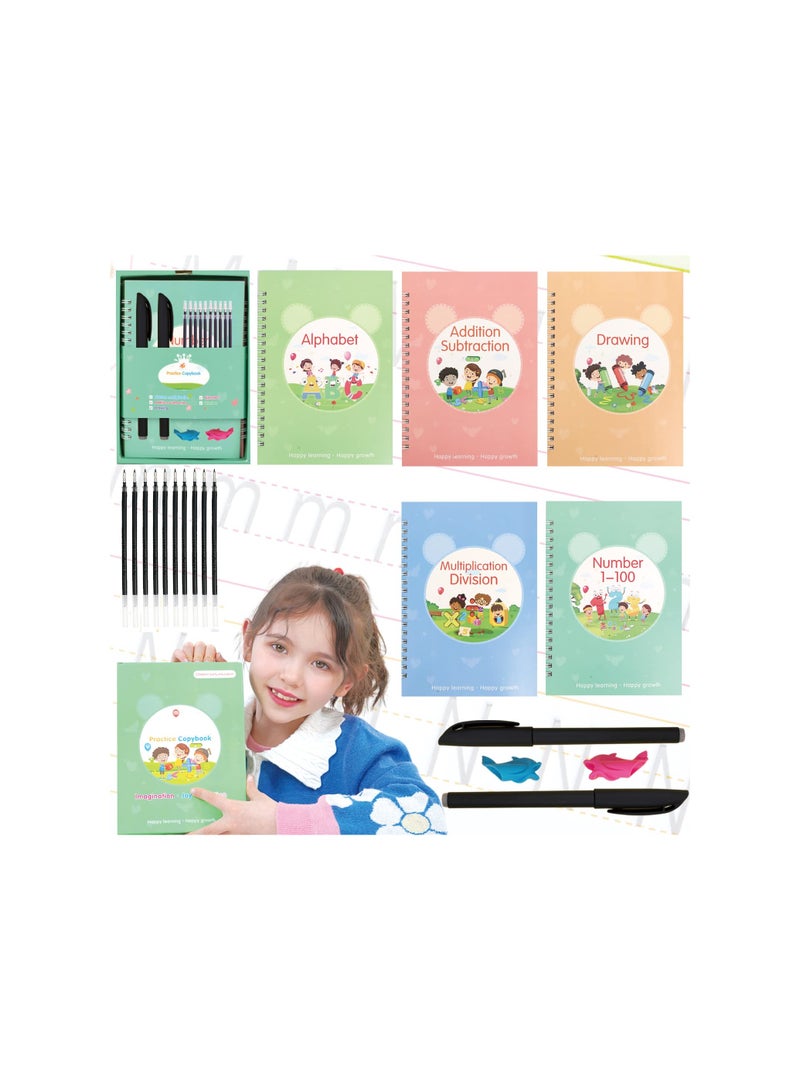 دفتر كتابة سحري للأطفال، دفتر تمرين الكتابة القابل لإعادة الاستخدام، كتاب ممارسة الكتابة لمرحلة ما قبل المدرسة، حبر يتلاشى تلقائيًا، تصميم قالب مساعد لتمارين الكتابة (5 كتب مع أقلام) - Image 2