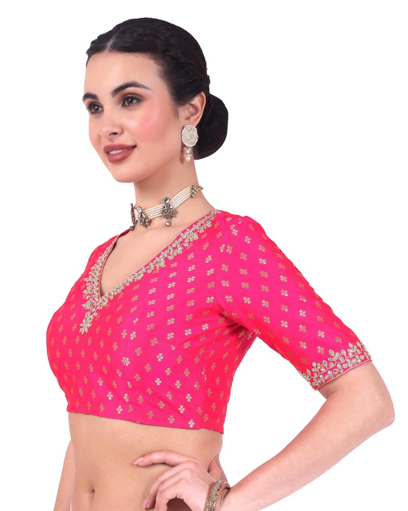 Studio Shringaar Women's Brocade Embroidered V-Neck Readymade Elbow Length Saree Blouse (Pink, 44) - Image 4