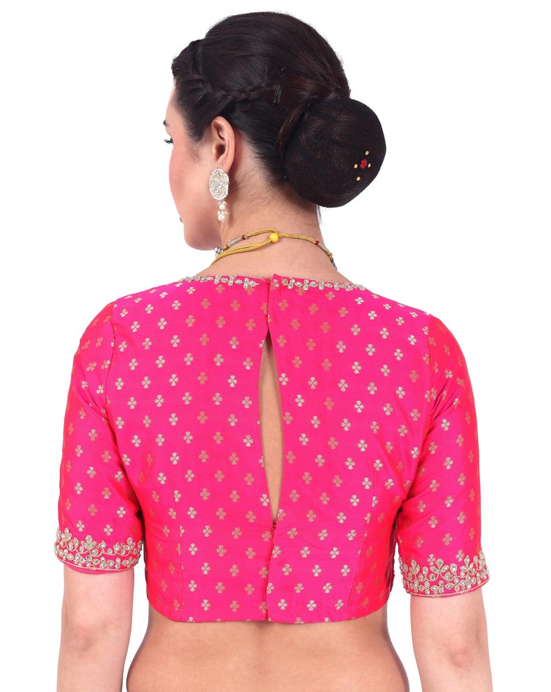 Studio Shringaar Women's Brocade Embroidered V-Neck Readymade Elbow Length Saree Blouse (Pink, 44) - Image 2