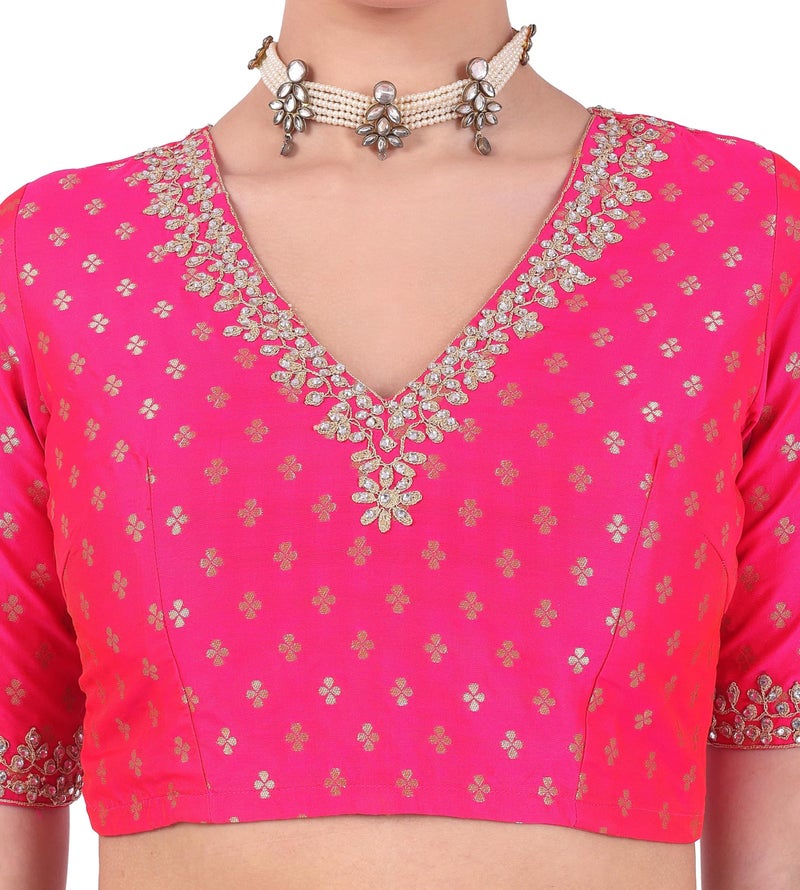 Studio Shringaar Women's Brocade Embroidered V-Neck Readymade Elbow Length Saree Blouse (Pink, 44) - Image 5