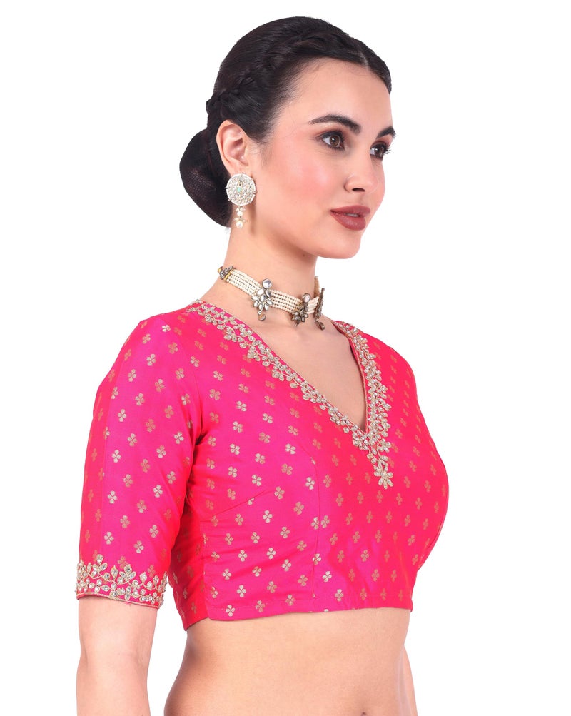 Studio Shringaar Women's Brocade Embroidered V-Neck Readymade Elbow Length Saree Blouse (Pink, 44) - Image 3