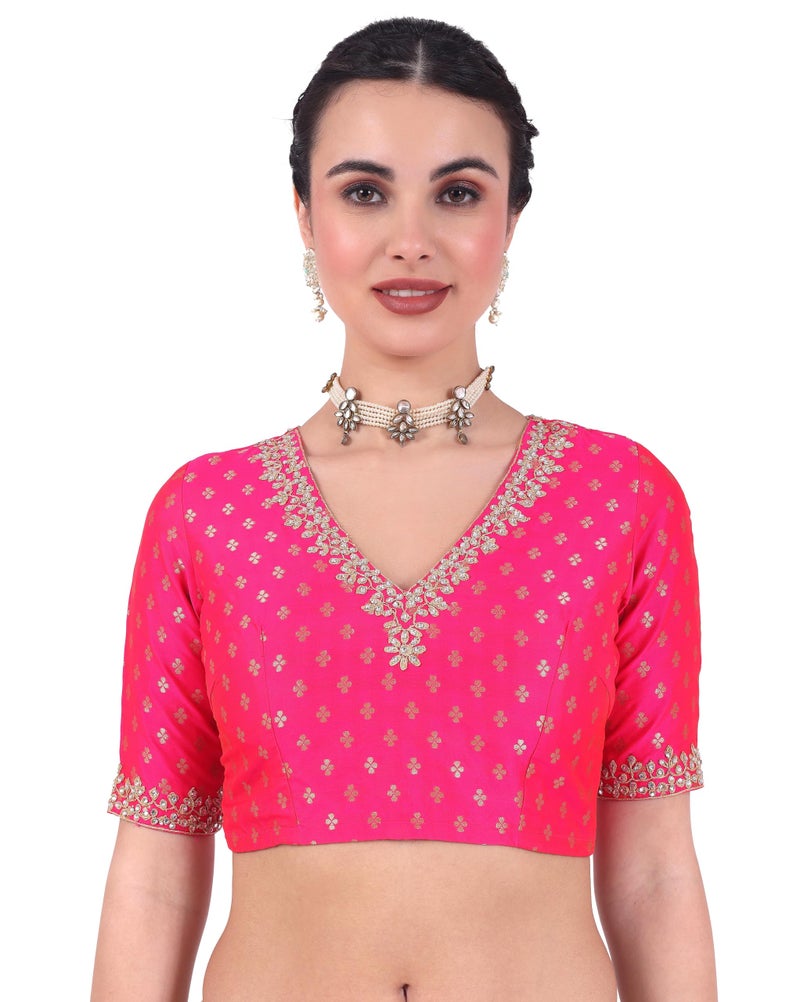 Studio Shringaar Women's Brocade Embroidered V-Neck Readymade Elbow Length Saree Blouse (Pink, 44) - Image 1