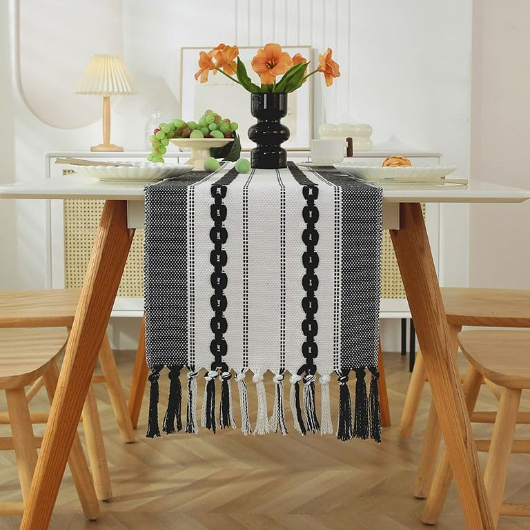 GLOY ® Luxurious 100% Natural Pure Cotton Material Handmade Heat Resistant and Washable 6 Seater Table Runner (Size-14"x72") for Dining Table Runner| Centre Table| Kitchen Linen (Black Chain) - Image 1