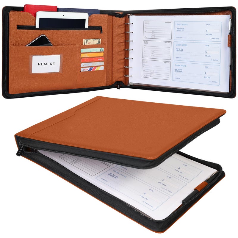 REALIKE Zippered Business Checkbook Binder for Business Checks, 7 Ring Check Binder for 9x13 Sheets,600 Checks Capacity, PU Leather Portfolio with Zipper Pouch & Storage Organizer - Image 1