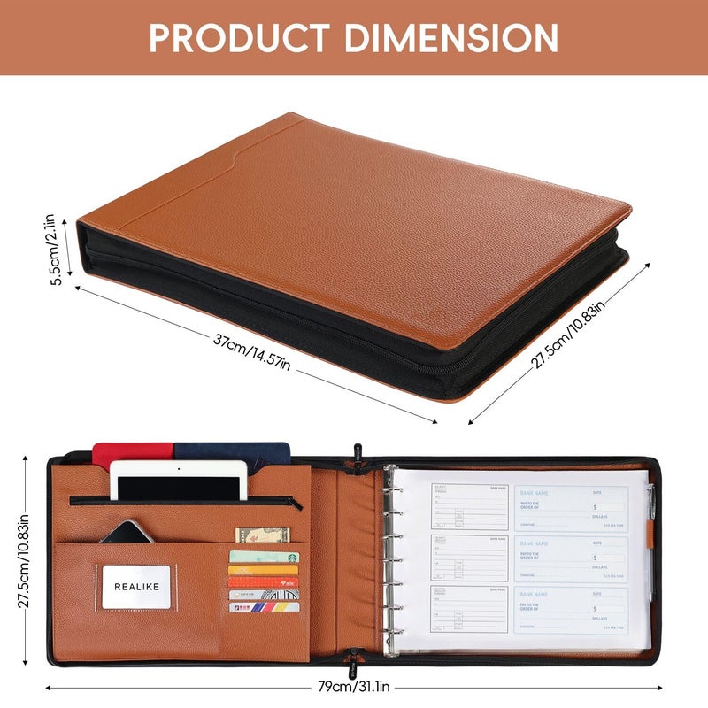 REALIKE Zippered Business Checkbook Binder for Business Checks, 7 Ring Check Binder for 9x13 Sheets,600 Checks Capacity, PU Leather Portfolio with Zipper Pouch & Storage Organizer - Image 2