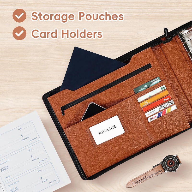 REALIKE Zippered Business Checkbook Binder for Business Checks, 7 Ring Check Binder for 9x13 Sheets,600 Checks Capacity, PU Leather Portfolio with Zipper Pouch & Storage Organizer - Image 5