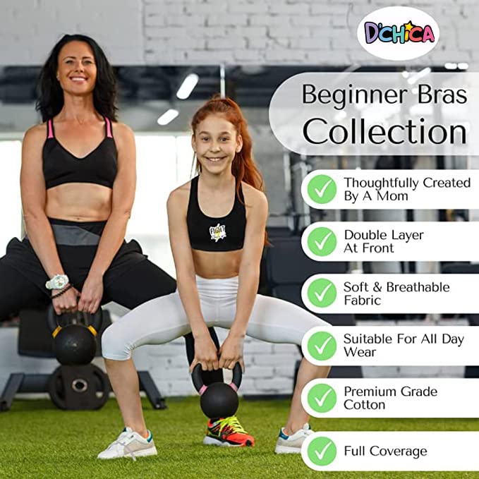 DChica Essentials Sports Bra for Girls, Cotton Non-Padded Full Coverage Beginners Non-Wired T-Shirt Gym Workout Bra with Regular Broad Strap, Printed Training Bra for Teenager Kids (Pack of 2) - Image 3