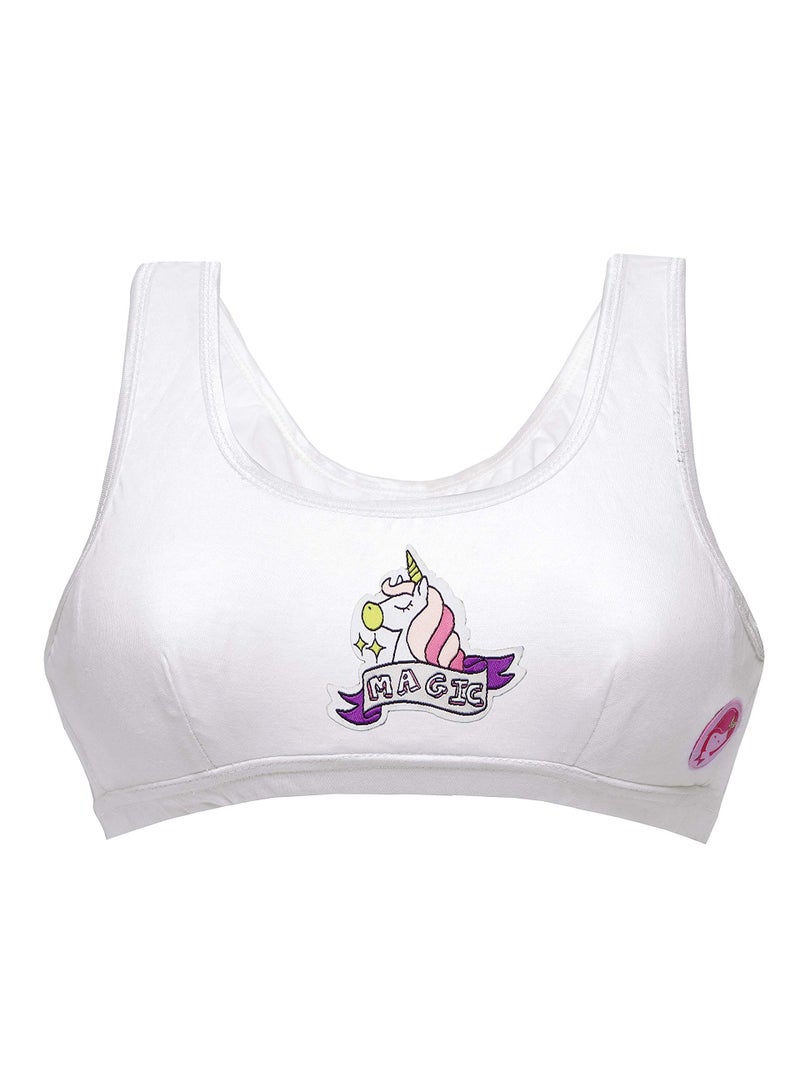 DChica Essentials Sports Bra for Girls, Cotton Non-Padded Full Coverage Beginners Non-Wired T-Shirt Gym Workout Bra with Regular Broad Strap, Printed Training Bra for Teenager Kids (Pack of 2) - Image 5