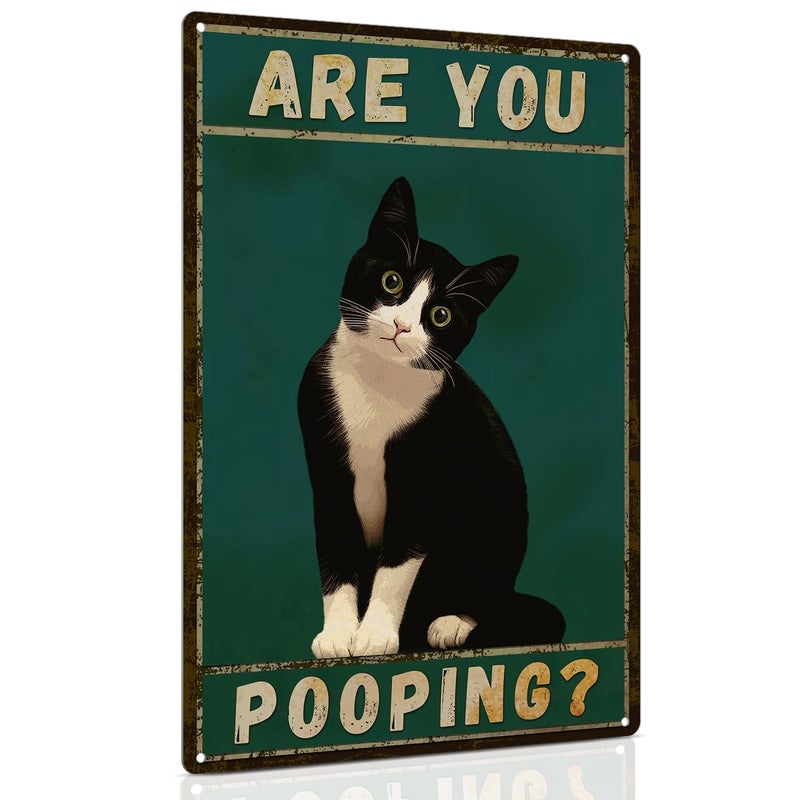 ALKB Tuxedo Cat Decor Are You Pooping Funny Metal Signs 8 x 12 Inch Black Cat Gift for Vintage Bathroom Decor - Image 1
