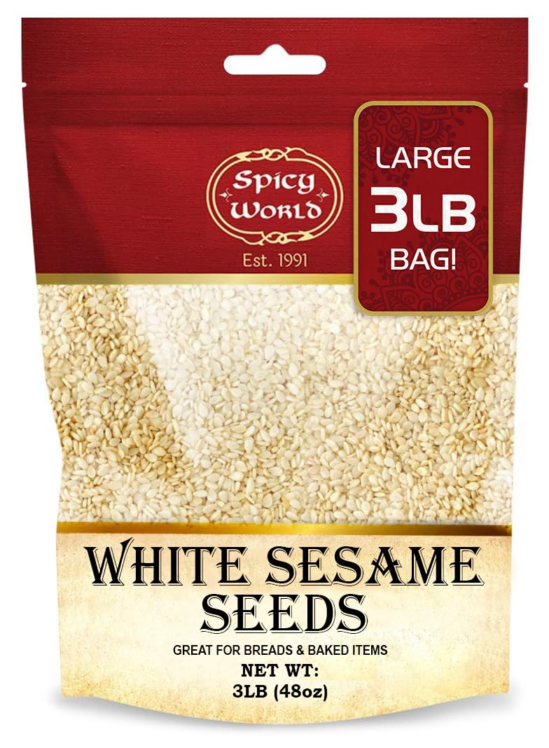 Spicy World White Sesame Seeds 3 LB Bag - Natural, Raw, Hulled, Non-GMO, Bulk Resealable Bag - Image 1