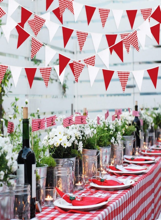 pinkblume 32Ft Red Party Decorations Red Plaid Checkered White Triangle Flag Gingham Pennant Bunting Fabric Garland for Christmas Wedding Birthday Carnival Picnic X-mas Outdoor Home Party Festivals Decoration - Image 4