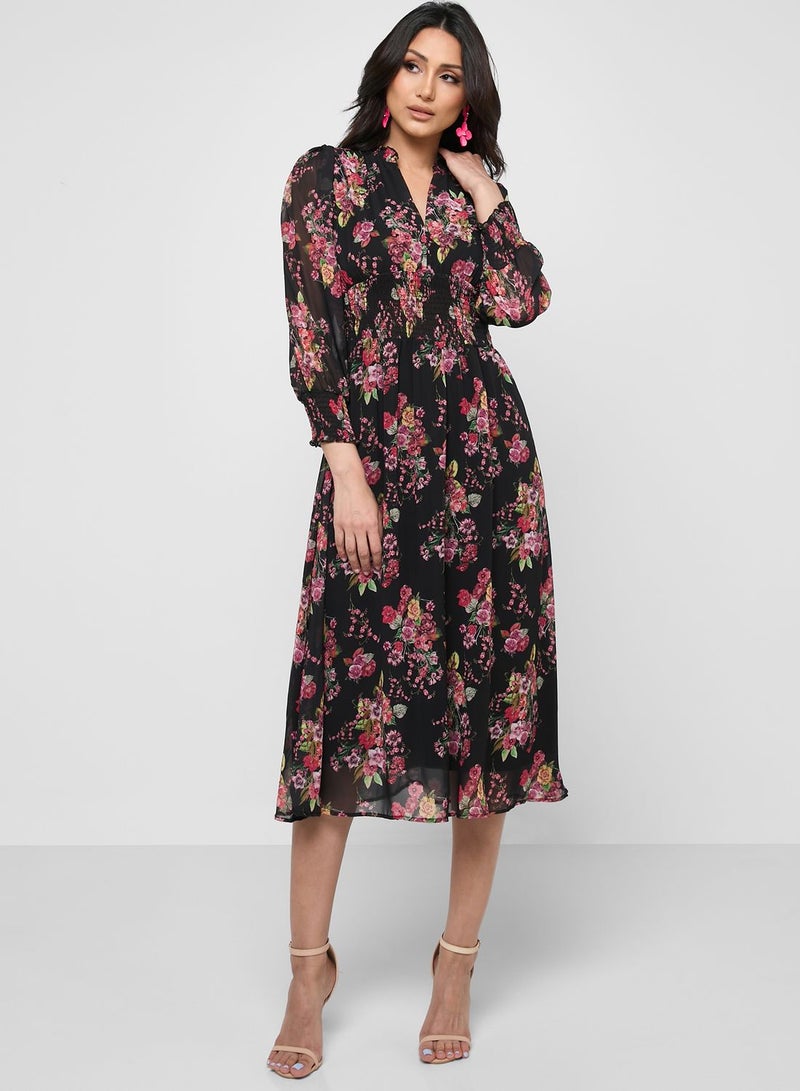 FYOR Floral Printed Mesh Detail Dress - Image 1