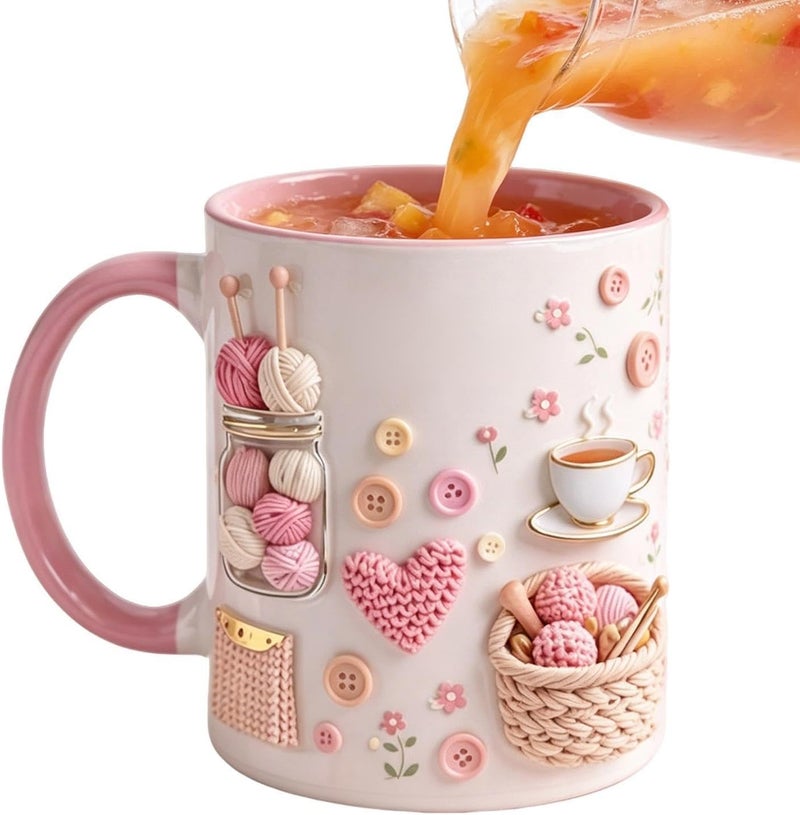 Funny Coffee Mug - Ceramic Crochet Pattern Desk Decor, 350ml 3D Visual Effect Novelty Cup, Creative Yarn Art Design | Birthday Gift For Women Mom Friend Sister Office Dorm - Image 1