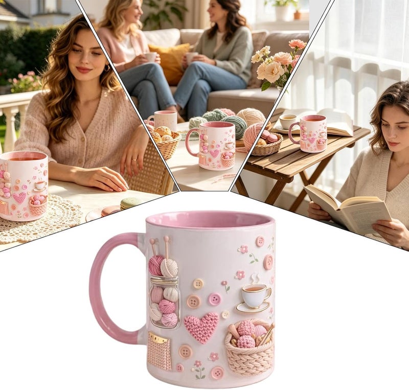 Funny Coffee Mug - Ceramic Crochet Pattern Desk Decor, 350ml 3D Visual Effect Novelty Cup, Creative Yarn Art Design | Birthday Gift For Women Mom Friend Sister Office Dorm - Image 4