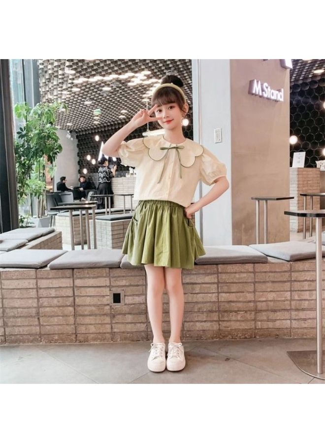Girls' Summer Outfit New Stylish Children's Clothing Fashionable Doll Collar Short-sleeve Short Skirt Two-piece Set Trendy