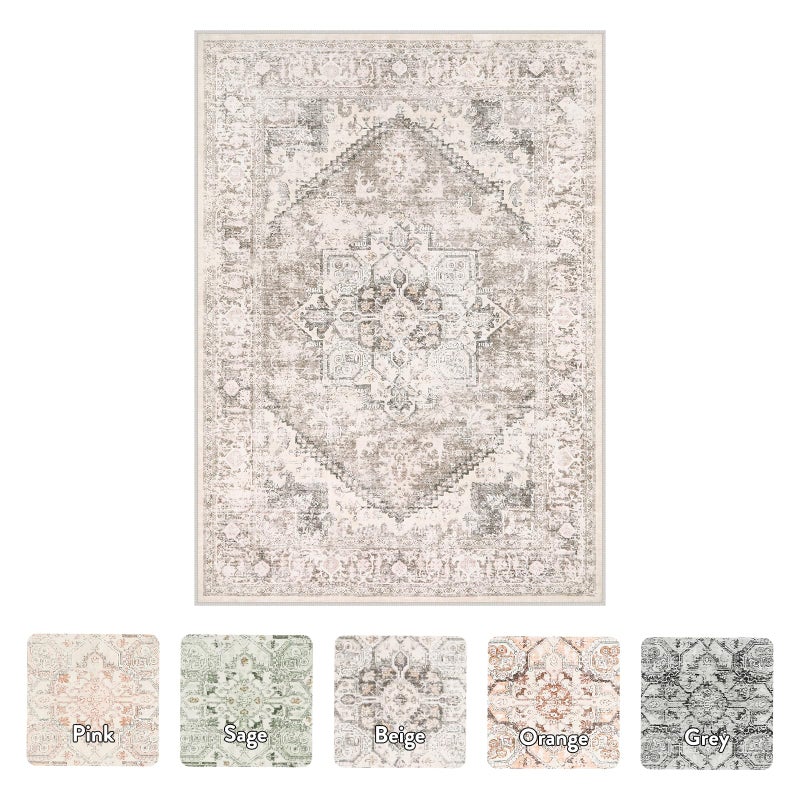 LIVEBOX 5x7 Area Rugs for Living Room, Washable Nursery Beige Neutral Boho Rug, Soft Non-Slip, Low-Pile Vintage Medallion, Retro Faux Wool for Dining Room, Bedroom, Office - Image 5